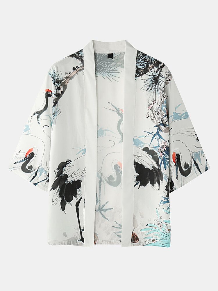 Zweiteilige Kimono-outfits Für Herren Mit Tuschemalerei Kranich-print Tasche Vorne Offen