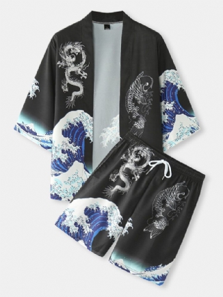 Zweiteilige Kimono-outfits Im Japanischen Stil Mit Koi-ukiyoe-print Für Herren