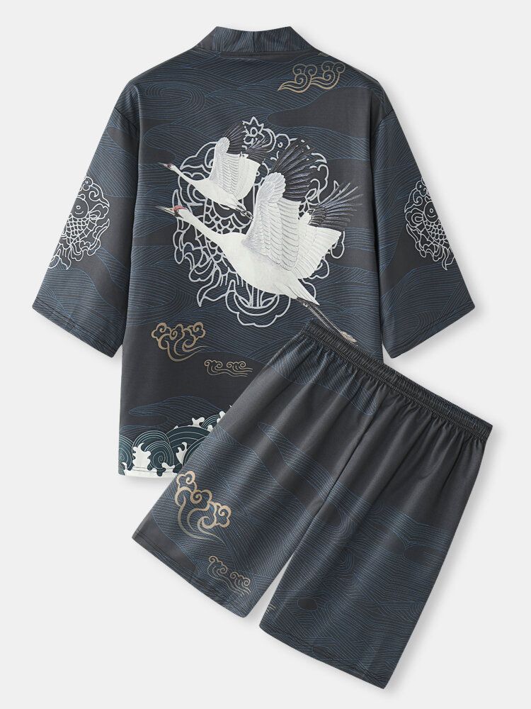 Zweiteilige Kimono-outfits Im Japanischen Stil Mit Kranich-rückenmuster Und Offener Vorderseite