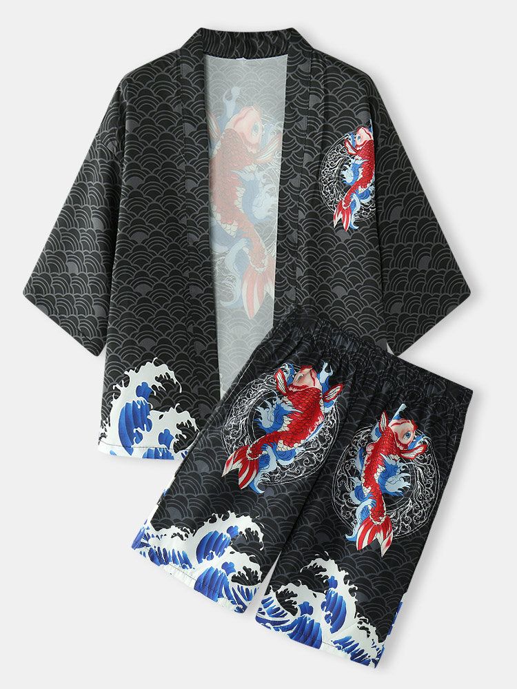 Zweiteiliger Kimono Für Herren Mit Japanischem Koi-wellendruck Und Offener Vorderseite