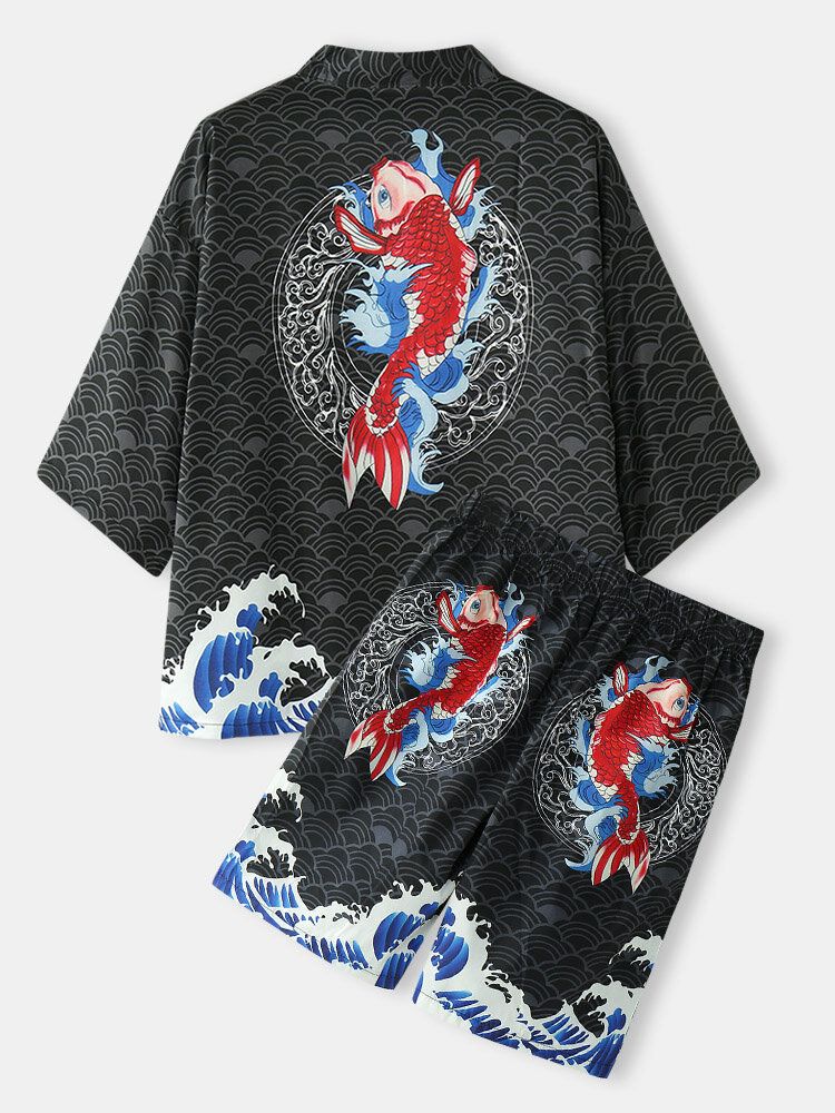 Zweiteiliger Kimono Für Herren Mit Japanischem Koi-wellendruck Und Offener Vorderseite