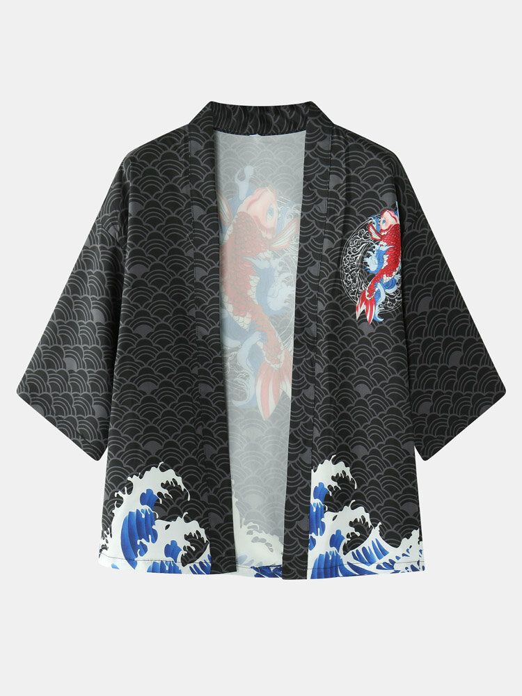 Zweiteiliger Kimono Für Herren Mit Japanischem Koi-wellendruck Und Offener Vorderseite