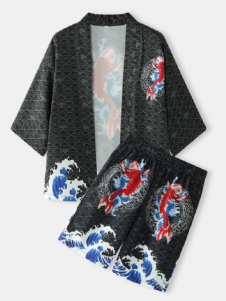 Zweiteiliger Kimono Für Herren Mit Japanischem Koi-wellendruck Und Offener Vorderseite